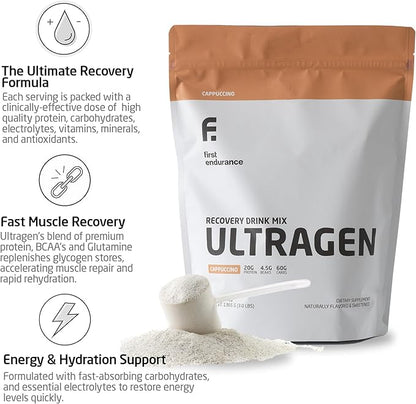 FIRST ENDURANCE Ultragen Workout Recovery Drink Powder, Protein Mix, Boosts Energy, Accelerates Recovery | Cappuccino, 15 Servings