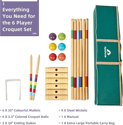 ApudArmis 35In Six Players Croquet Set with Deluxe Premiun Pine Wooden Mallets,Colored Ball,Wickets,Stakes - Lawn Backyard Game Set for Adults/Teens/Family (Large Carry Bag Including)