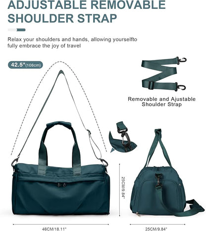 Gym Bag for Women Men, Sport Duffel Bag with Toiletry Bag & Shoe Compartment,Waterproof Travel Weekender Overnight Carry on Bag for Yoga with Trolley Sleeve, Peacock Blue Set