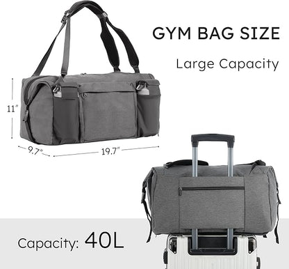 Gym Bag for Men with 2 Upgraded Bottle Holders Convertible Duffle Bag and Gym Backpack Waterproof Sports Bags with Shoes Compartment and Wet Pocket - Grey