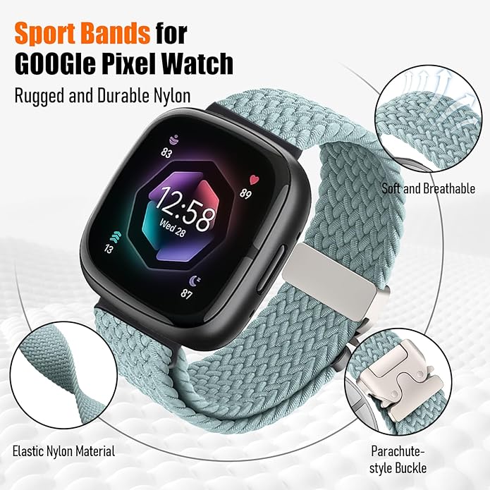 Braided Stretchy Band for Fitbit Versa 4/Versa 3/Sense 2/Sense Watch Band Women Men,Parachute-style Buckle Nylon Sport Wristband Soft Fabric Elastic Loop Strap Accessories for Versa 4/3