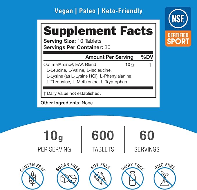 Tablets Fitness Bundle (600 Count) | 99% Utilized Essential Amino Acid (EAA) Supplement | Increase Muscle Recovery, BCAA Protein Pre/Post Workout, NSF Certified for Sport® Certified