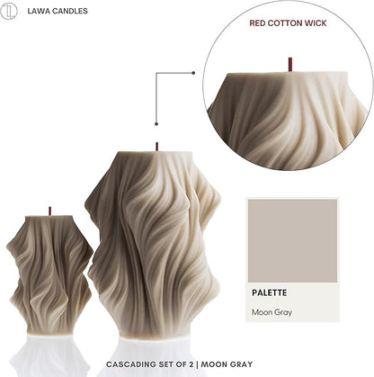 LAWA Cascading Wave Candle - Beautiful Handmade Pillar Scented Soy Wax Elegant Bubble Aesthetic Candle Housewarming Gift Home Room Shelf Decor Idea White (Moon Gray, Set of 2)