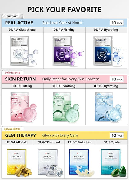 SNP Real Active Glutathione Ampoule Sheet Mask | Vegan Face Mask with Glutathione & Niacinamide | Revitalizing and Balancing for All Skin Types | Korean Face Masks Skincare | 10 Sheets