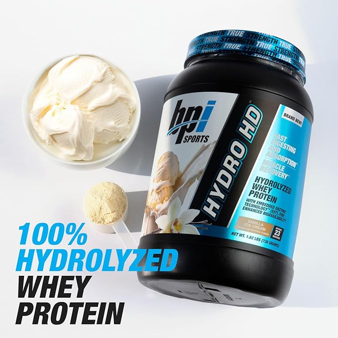 BPI Sports Hydro HD - 100% Hydrolyzed Whey Protein Powder - Muscle Growth, Recovery, 25g of Hydrolyzed Protein, Low Carb, Low Sugar, Fast Absorbing (68 Servings, Vanilla Ice Cream)