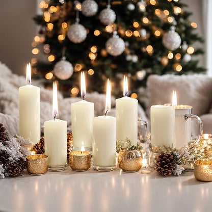MTLEE Set of 72 Ivory Pillar Candles 2 x 3, 2 x 6, 2 x 8 Inch Smokeless and Dripless Unscented Large Candles Long Clean Burning Rustic Pillar for Wedding Dinner Home Decor
