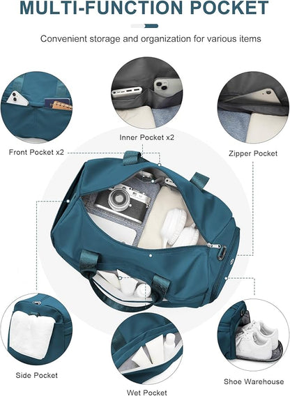 Gym Bag for Women Men with Shoe Compartment, Sport Duffel Bag, Waterproof Travel Weekender Overnight Carry on Bag for Yoga with Trolley Sleeve, Peacock Blue
