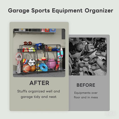 Garage Sports Equipment Organizer - Ball Storage Rack with Elastic Rope or Wire Mesh,Garage Organizer System with Wheels,Indoor/Outdoor Sports Rack for Sports Gear and Toys Storage,Black