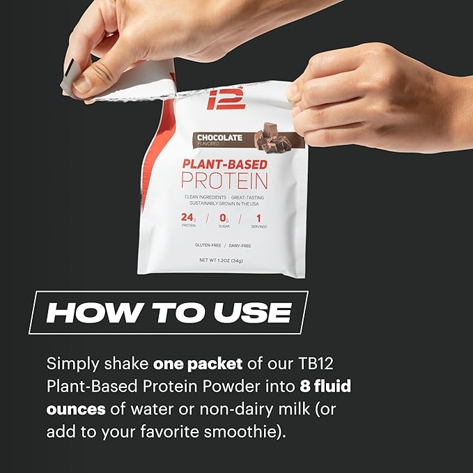 TB12 Plant Based Protein Powder by Tom Brady, 24g of Vegan Pea Protein, Low Sugar, Low Carb, Non-GMO, Meal Replacement, Keto Friendly, Paleo, Sugar Free, Chocolate Flavor (1.12 Ounce / 12 Pack)