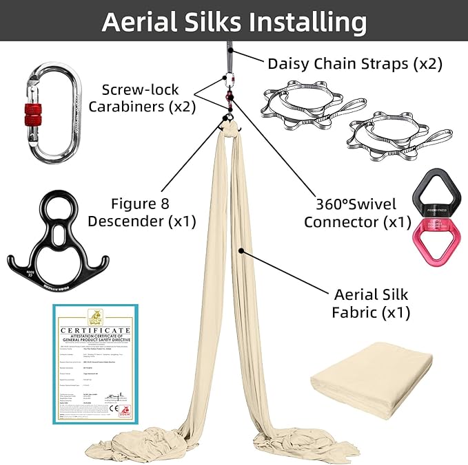 PRIOR FITNESS Aerial Silks Set, Professional Thicker Low Stretch Fabric 9/15/20 Yards Aerial Silk Swing Set with Hardware Guide, Yoga Starter Kit For Home, Aerial Yoga Hammock, Silks for Gymnastics, Antigravity Yoga, Inversion Exercise-All Levels