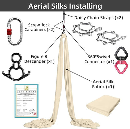 PRIOR FITNESS Aerial Silks Set, Professional Thicker Low Stretch Fabric 9/15/20 Yards Aerial Silk Swing Set with Hardware Guide, Yoga Starter Kit For Home, Aerial Yoga Hammock, Silks for Gymnastics, Antigravity Yoga, Inversion Exercise-All Levels
