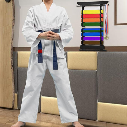 JUXYES Wall Hanging Martial Arts Belts Organizer for 10 Belts with Medal Hanger and Stickers, Bamboo Karate Belt Display Holder Rack, Taekwondo Belt Display Holder for Martial Arts Learners
