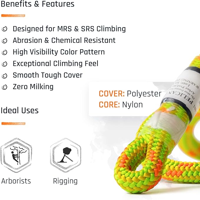 Pelican Rope Arborist Rope 11.8mm x 200Ft, USA Made High-Strength 24-Strands Static Climbing Rope - 5,400 lb Strength for Tree Climbing, Pulling, Outdoors & Swing - Viper, Tight Spliced Eye