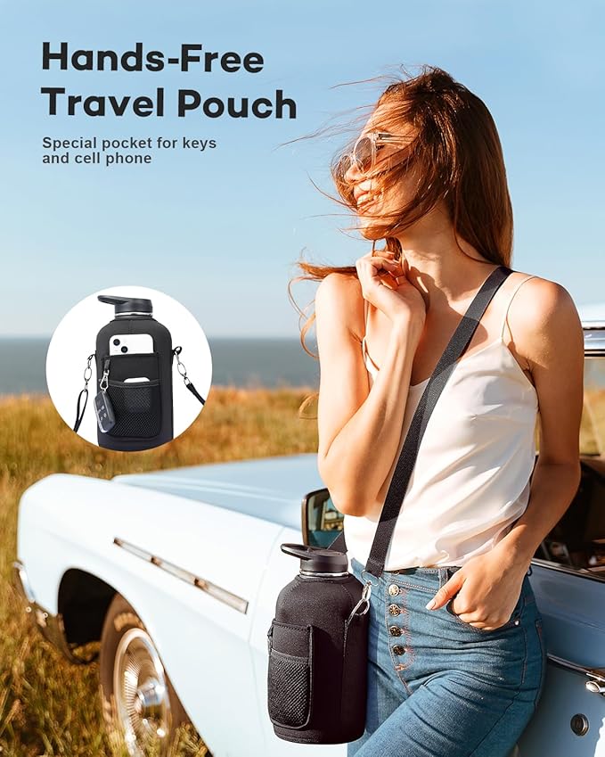 64 oz Insulated Water Bottle with Straw and Lid, Half Gallon Stainless Steel Cup with Handle,Leakproof Metal Travel Jug Flask Mug Tumbler Cup With Carry Pouch and Brush,Keep Cold & Hot,Blue