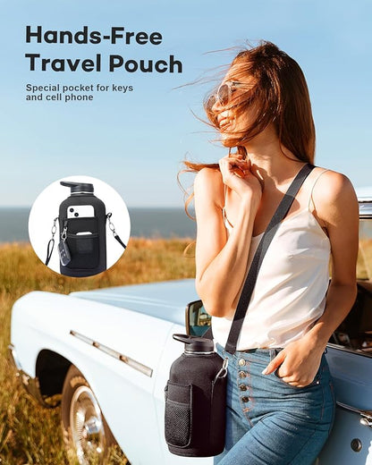 64 oz Insulated Water Bottle with Straw and Lid, Half Gallon Stainless Steel Cup with Handle,Leakproof Metal Travel Jug Flask Mug Tumbler Cup With Carry Pouch and Brush,Keep Cold & Hot,Blue