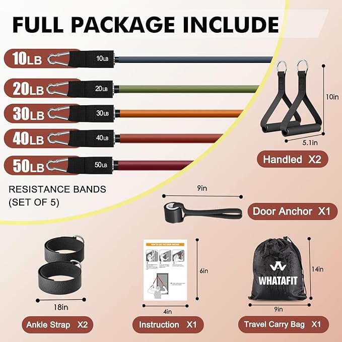 WHATAFIT Resistance Bands, Exercise Bands，Resistance Bands for Working Out, Work Out Bands with Handles for Men and Women Fitness, Strength Training Home Gym Equipment