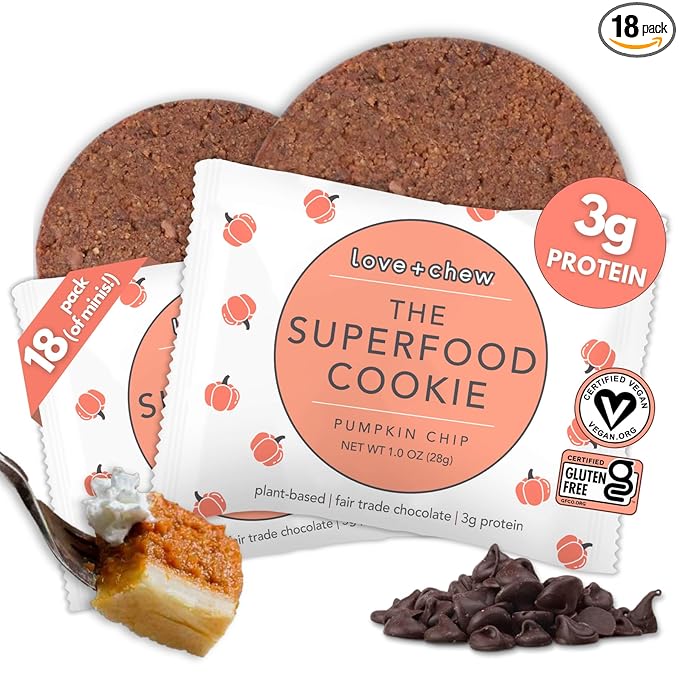 Love + Chew, Pumpkin Chip Minis - 18 Count - Tasty Gluten Free Cookies - Vegan - Healthy, Paleo, Non GMO Snacks - Individually Wrapped, Soft Baked Cookies - Made from High Protein Almonds