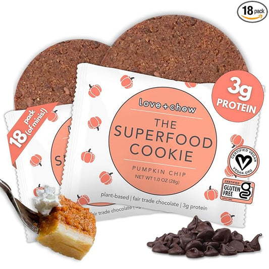 Love + Chew, Pumpkin Chip Minis - 18 Count - Tasty Gluten Free Cookies - Vegan - Healthy, Paleo, Non GMO Snacks - Individually Wrapped, Soft Baked Cookies - Made from High Protein Almonds