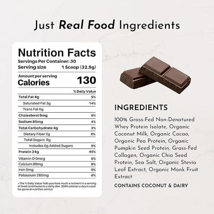 Chocolate Protein Powder ??30-Serving Blend with 100% Grass-Fed Whey & Organic Plant Proteins ??Rich Cocoa Flavor ??Supports Muscle Recovery, Energy & Satiety* ??No Artificial Sweeteners or Fillers