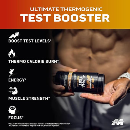 MuscleTech Thermogenic Testosterone Booster for Men, AlphaTest Thermo - T-Boost Mens Supplement with Tribulus Terrestris - Male Gym Workout Supplements for Muscle Growth, Stamina & Energy - 90 Pills
