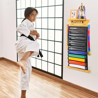 Tilhumt 12/10 Belts Karate Belt Display Rack with Stickers, Taekwondo Belt Display with Trophy/Photo Rack, Felt Dustproof Design, Easy to Put in Belt, Martial Arts Belt Display for Adults