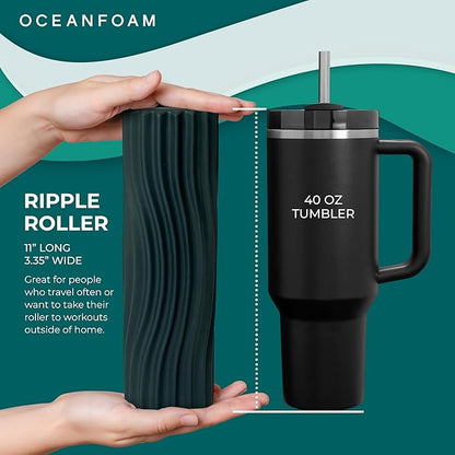 Oceanfoam Ripple Travel Foam Roller (11" x 3.35") Firm Mini Foam Roller for Physical Therapy, Deep Tissue Massage, Back Pain - High Density, Ergonomic Wave Textured - Yoga, Pilates, Exercise (Hunter)