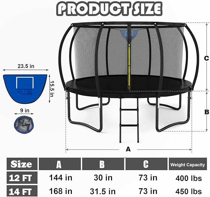 Trampoline 12FT 14FT 15FT 16FT for Kids/Adults - Outdoor Recreational with Enclosure Net Curved Poles and Ladder, Heavy Duty Anti-Rust Coating, ASTM Approval