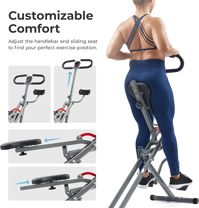 Sunny Health & Fitness Row-N-Ride PRO, Full Body Combo Squat Machine w/Optional Resistance Band, Easy Setup Ab Workout Exercise Equipment for Home, Whole Body Cardio, Optional SunnyFit App Connection