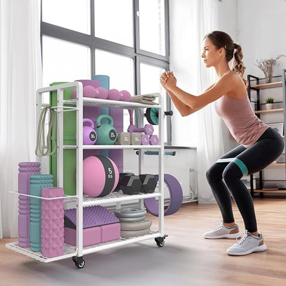 4-Tier Dumbbell Rack Stand Only, Adjustable Weight Rack for Dumbbells Kettlebells Yoga Mat, Home Gym Storage Rack with Wheels and Hooks, Powder Coated Finish