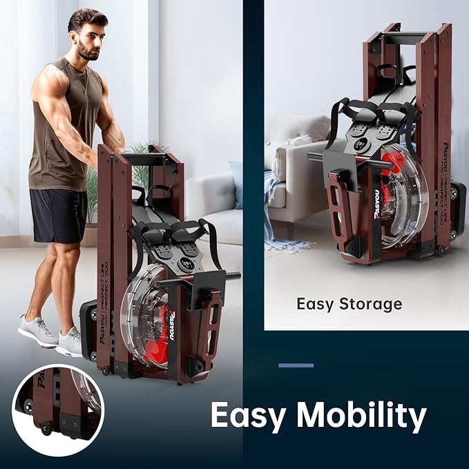 PASYOU Water Rowing Machines for Home Oak Wood Foldable Rower Machine 350LB Weight Capacity, 6 Levels Adjustable Row Machines with Monitor & Device Holder & 14L Tank, Bluetooth with Kinomap APP