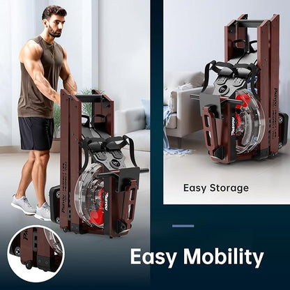 PASYOU Water Rowing Machines for Home Oak Wood Foldable Rower Machine 350LB Weight Capacity, 6 Levels Adjustable Row Machines with Monitor & Device Holder & 14L Tank, Bluetooth with Kinomap APP