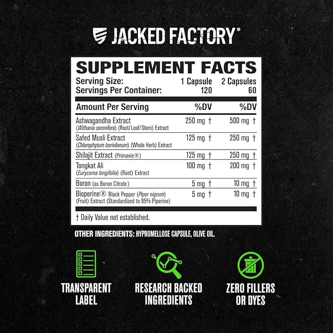 Jacked Factory Testosterone Booster for Men PRIMASURGE - w/Tongkat Ali, PrimaVie, Ashwagandha - Boost Vitality, Muscle Growth & Energy | Natural Test Booster Supplement - 120 Veggie Pills