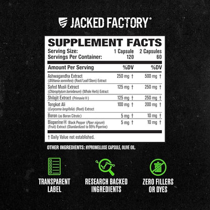 Jacked Factory Testosterone Booster for Men PRIMASURGE - w/Tongkat Ali, PrimaVie, Ashwagandha - Boost Vitality, Muscle Growth & Energy | Natural Test Booster Supplement - 120 Veggie Pills