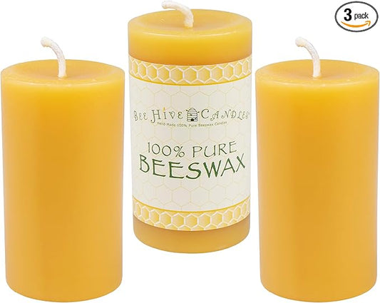 100% Pure Beeswax Pillar Candle (2" x 3" (3-Pack)) | Natural Beeswax Candles | Soy, Paraffin & Fragrance Free | Handmade in The USA