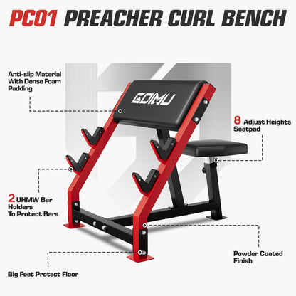 GOIMU PC01 Preacher Curl Bench, Seated Arm Isolated Barbell Dumbbell Bicep Station, Adjustable