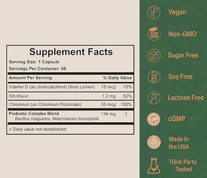 Akkermansia Probiotic for Appetite & Craving Control | Increases GLP-1 & Boosts Healthy Weight | 60 Day Supply | Made in USA | Bacillus Coagulans, B2, D3 & Chromium | SIBO Friendly, Vegan, Gluten Free