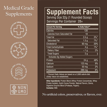 High Level Whey Protein Powder Stevia Sweetened, Natural Chocolate Shake, 24g Protein, Ultra Filtered Non-GMO, Digestive Enzymes, Gluten Free, ?‹白ç²? 2 lb, Whey Protein with Stevia