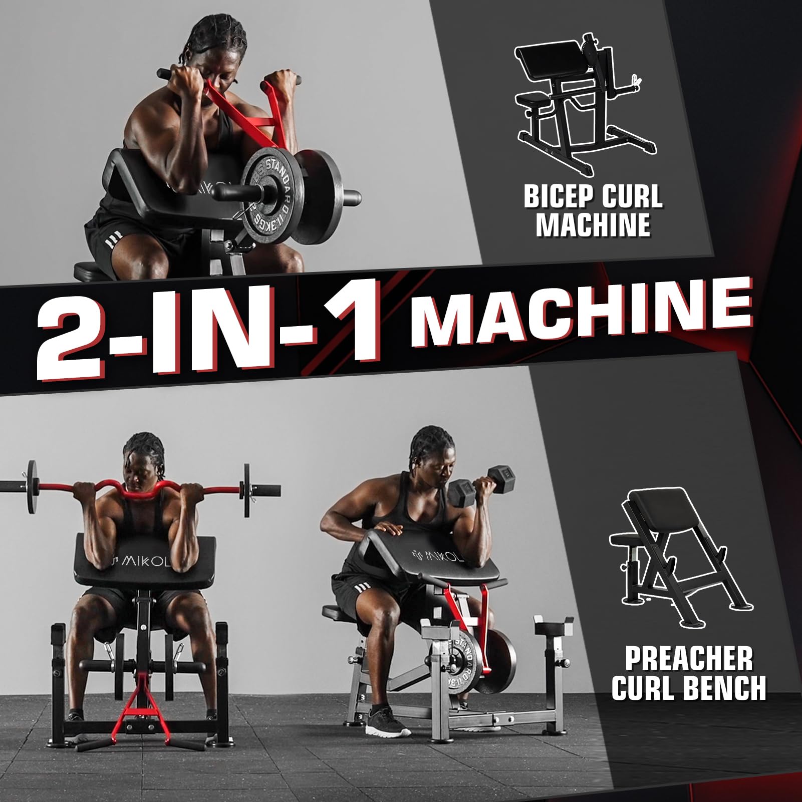 Mikolo Preacher Curl Bench, Plate Loaded Bicep Curl Machine, Bicep Workout Equipment，2 in 1 Arm