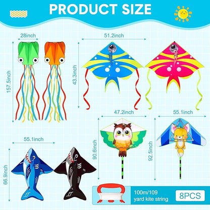 8 Pack Kites for Kids Octopus Fish Shark Owl Squirrel Pattern with 8 Pcs 109 Yard Kite String Large Easy to Fly for Children Adults Spring Outdoor Beach Games