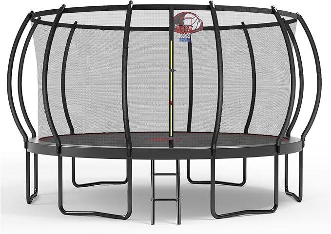 12 14 15 16FT Trampoline Outdoor with Basketball Hoop, Trampoline with Lights for Kids and Adults, Recreational Trampolin with Sprinkler, Stakes