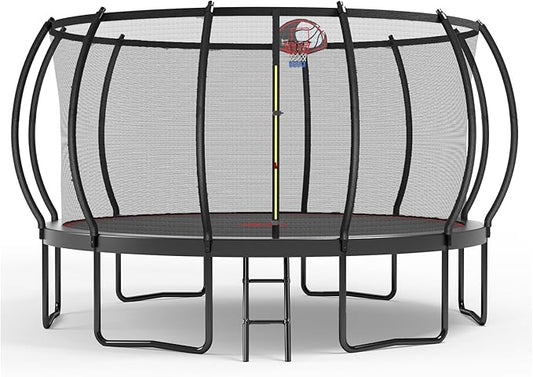 12 14 15 16FT Trampoline Outdoor with Basketball Hoop, Trampoline with Lights for Kids and Adults, Recreational Trampolin with Sprinkler, Stakes