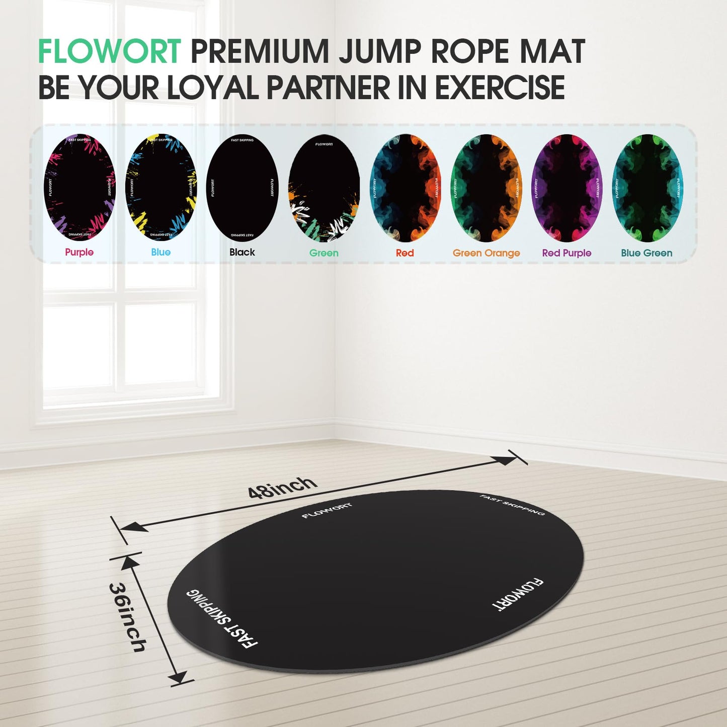 Flowort Jump Rope Mat，Large Rubber Exercise Indoor Outdoor，Shock Absorbing Mat Non-Slip Oval Design
