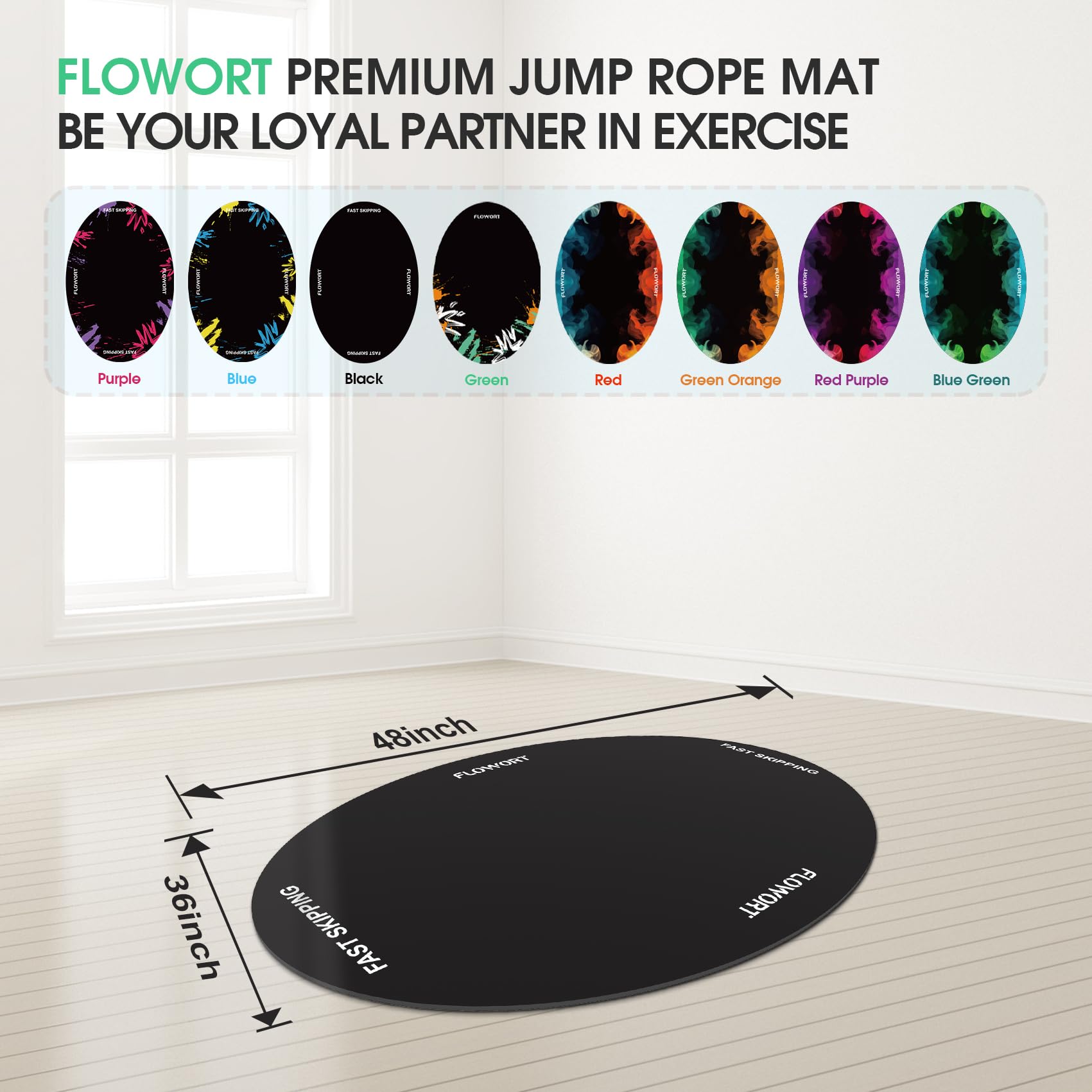 Flowort Jump Rope Mat，Large Rubber Exercise Indoor Outdoor，Shock Absorbing Mat Non-Slip Oval Design