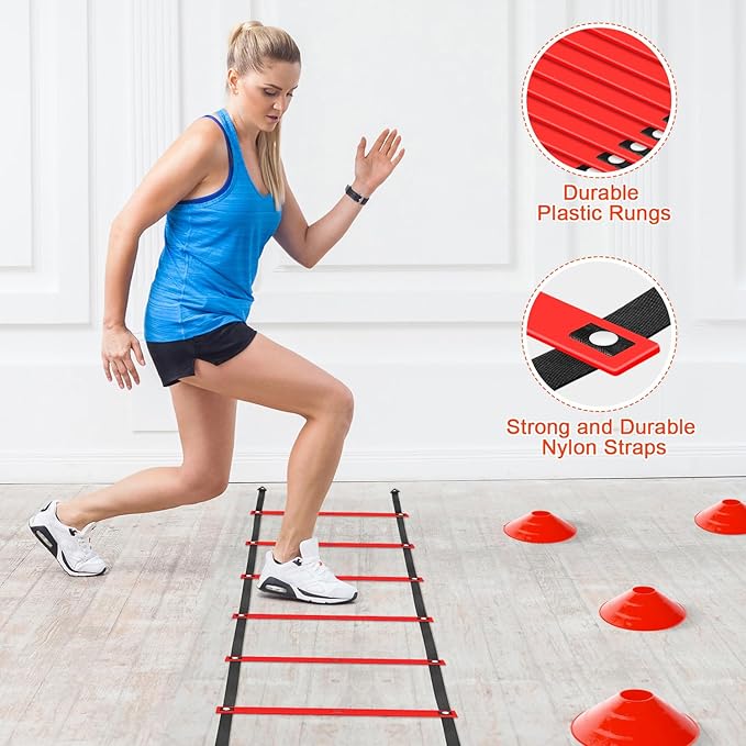 Agility Ladder Speed Training Equipment Set-20ft Agility Ladder,12 Soccer Cones,4 Hurdles, Jump Rope, Running Parachute| Basketball Football Soccer Training Equipment for Kids Youth Adults