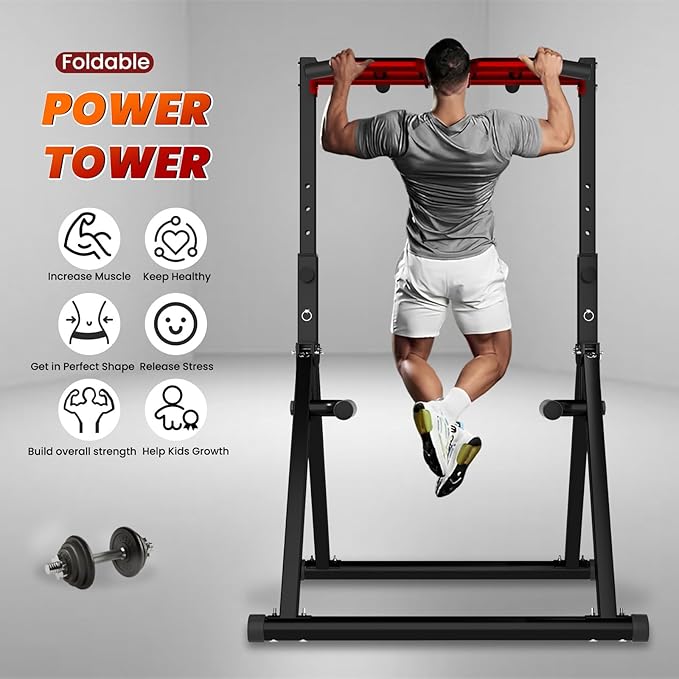 Power Tower Pull Up Dip Station Foldable, Pull Up Bar Station Adjustable, Multi-Function Home Gym, Strength Training Fitness Equipment, Triangular Design, for Home Outdoor
