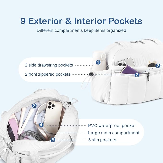 TOPDesign Travel Duffel Bag for Women, Puffer Gym Bag Sports Tote with Wet Pocket, Carry On Weekender with Luggage Sleeve (White)