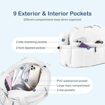 TOPDesign Travel Duffel Bag for Women, Puffer Gym Bag Sports Tote with Wet Pocket, Carry On Weekender with Luggage Sleeve (White)