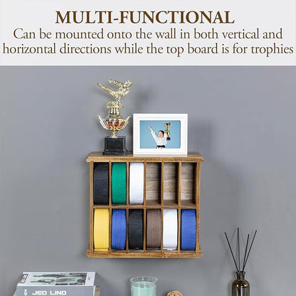 MyGift 12 Compartment Rustic Burnt Solid Wood Wall Mounted Dual Display Martial Arts Belt Holder with Top Trophy Storage Shelf in Horizontal or Vertical Mount