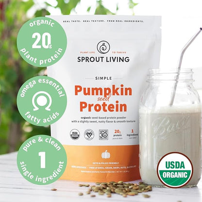 Sprout Living Organic Pumpkin Seed Protein Powder, Unflavored, 20 Grams of Plant Based Protein Powder Without Artificial Sweeteners, Non Dairy, Non-GMO, Vegan, Gluten Free (1 Pound, 15 Servings)