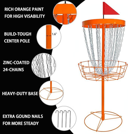 Disc Golf Basket with Discs | Portable Disc Golf Target with Heavy Duty 24-Chains Disc Golf Course Basket, Come with 6pcs Disc Golf Discs with Carry Bag